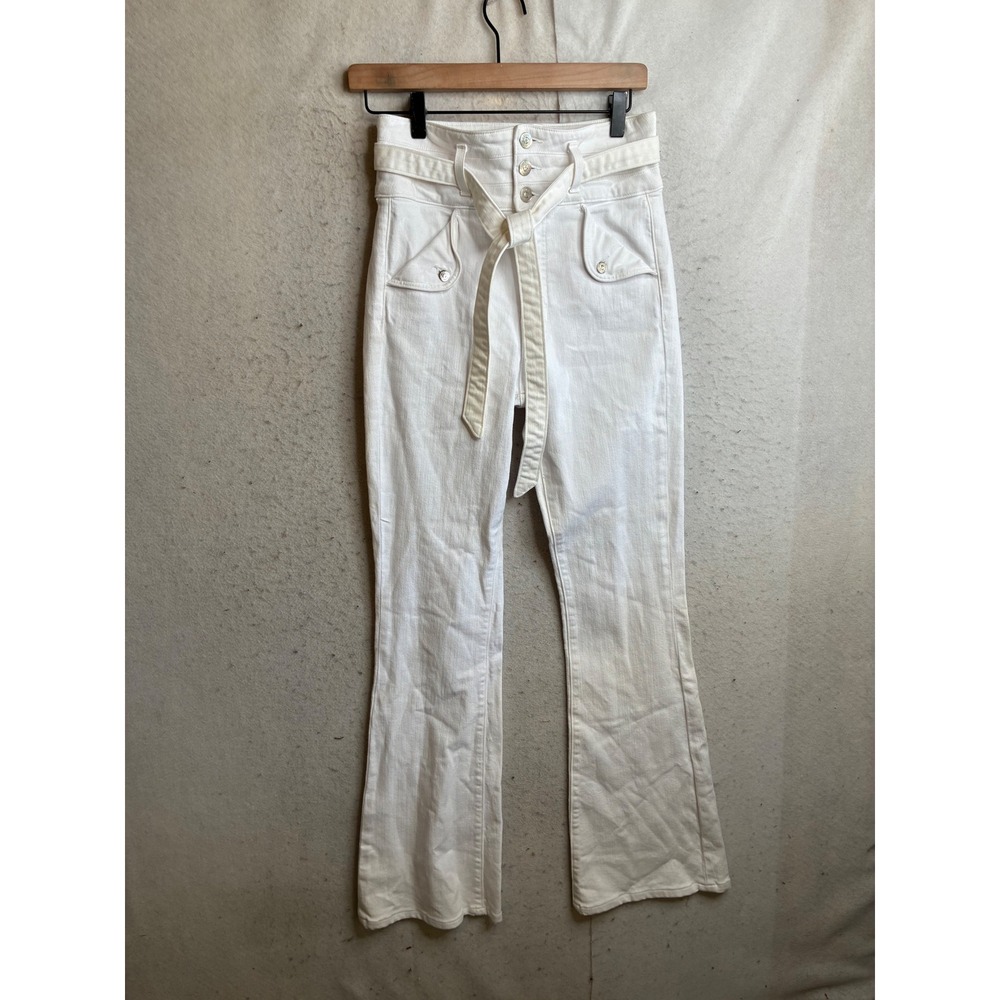 Veronica Beard Giselle Flare Extra High Rise White Belted Jeans Size 28